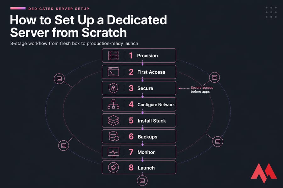 Vertical infographic showing 8 numbered stages of dedicated server setup from Provision to Launch.
