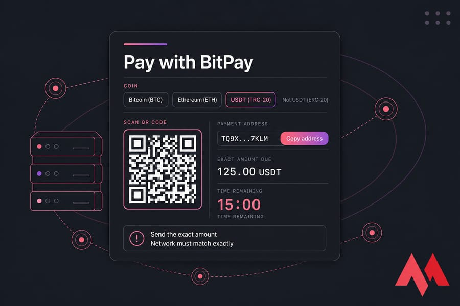 Conceptual BitPay invoice illustration with QR code, payment address, exact amount, and 15-minute timer