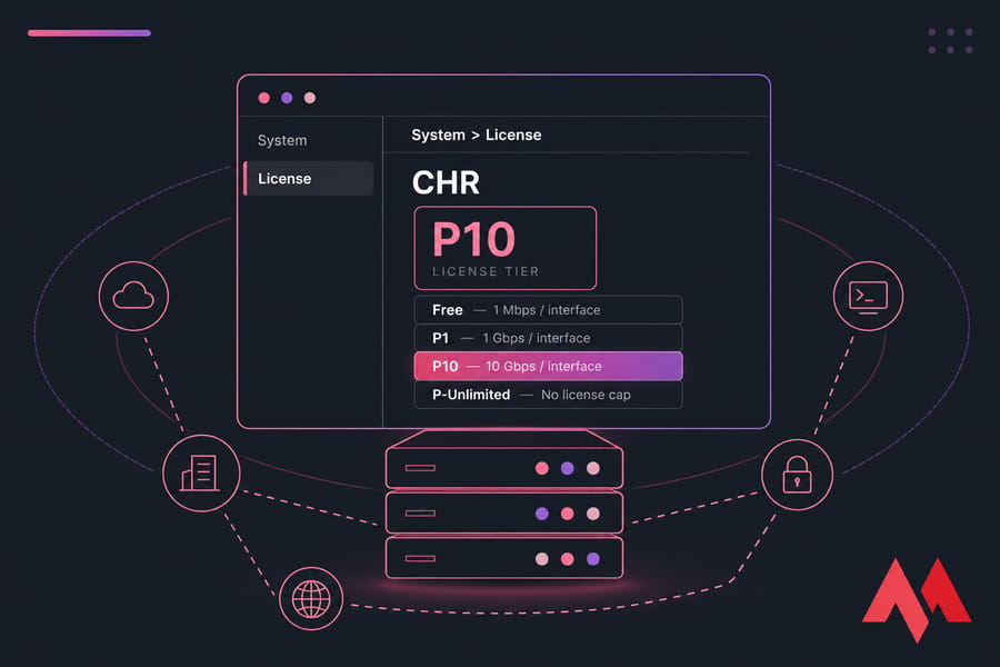 Conceptual WinBox-style CHR license panel highlighting System > License and P10 tier