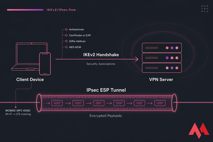 Diagram of IKEv2 handshake to VPN server and IPsec ESP tunnel carrying encrypted payloads