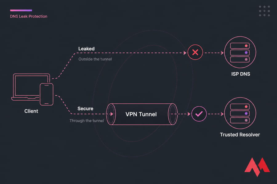 Diagram showing leaked DNS going to ISP DNS outside the VPN tunnel and secure DNS going to a trusted resolver.