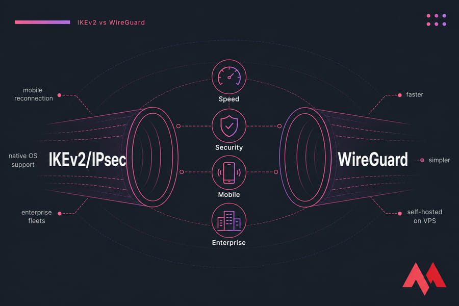 Hero banner comparing IKEv2/IPsec and WireGuard with labeled speed, security, mobile, and enterprise icons