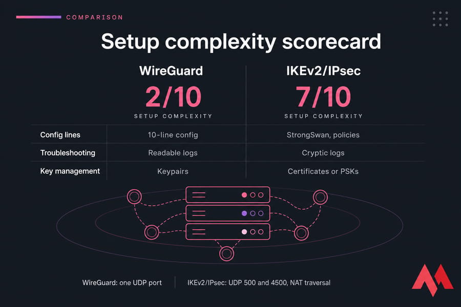 Setup complexity scorecard comparing WireGuard 2/10 vs IKEv2/IPsec 7/10 across three setup tasks