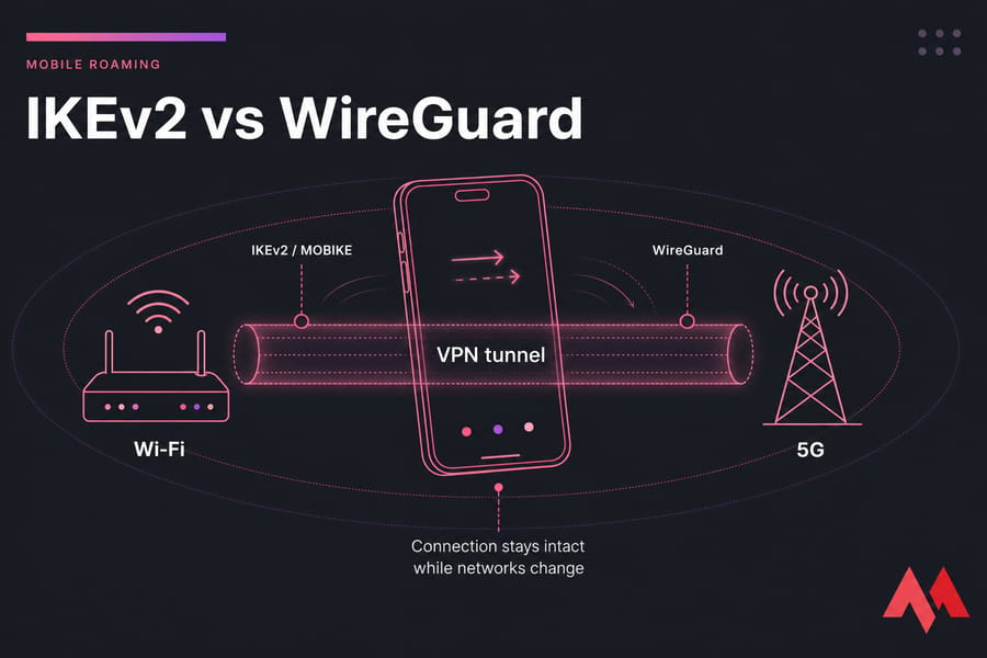 Smartphone switches from Wi‑Fi to 5G while a continuous VPN tunnel stays active for IKEv2 and WireGuard.