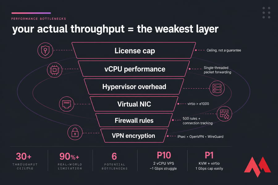 Stacked bottleneck infographic showing CHR throughput limited by the weakest layer beneath the license cap