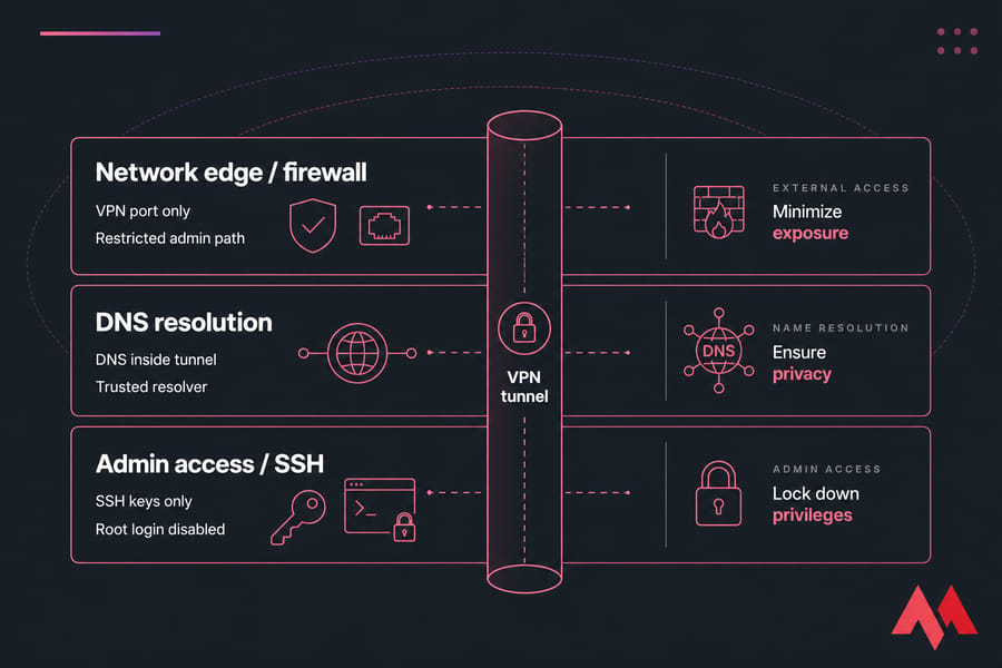 Three-layer VPN hardening diagram with firewall, DNS resolution, and SSH access around a central VPN tunnel