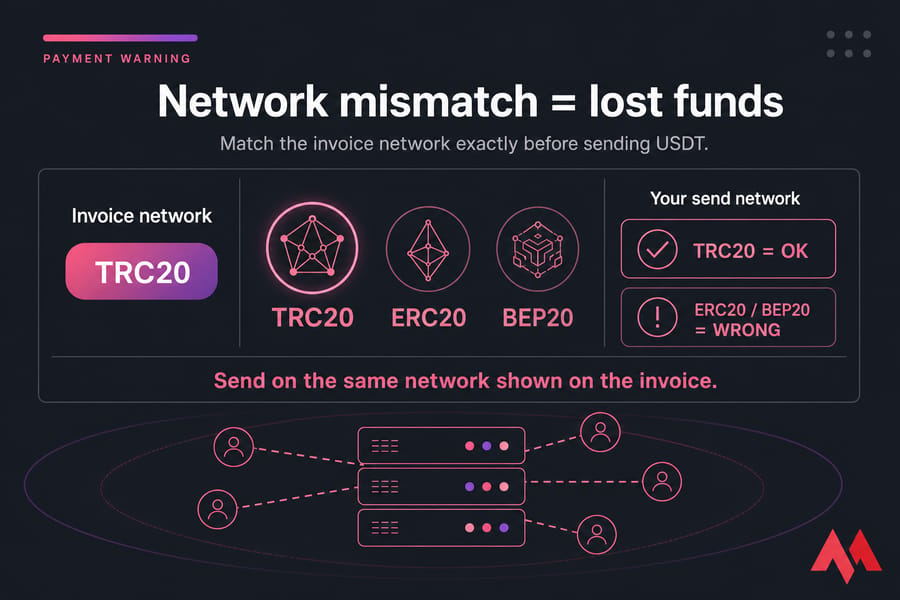 Warning graphic showing TRC20, ERC20, and BEP20 with a reminder to match the invoice network exactly.