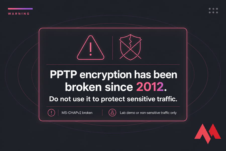 Warning graphic stating PPTP encryption has been broken since 2012 and should not protect sensitive traffic.