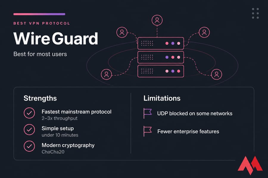 WireGuard pros and cons card showing three strengths and two limitations in a dark MonoVM style