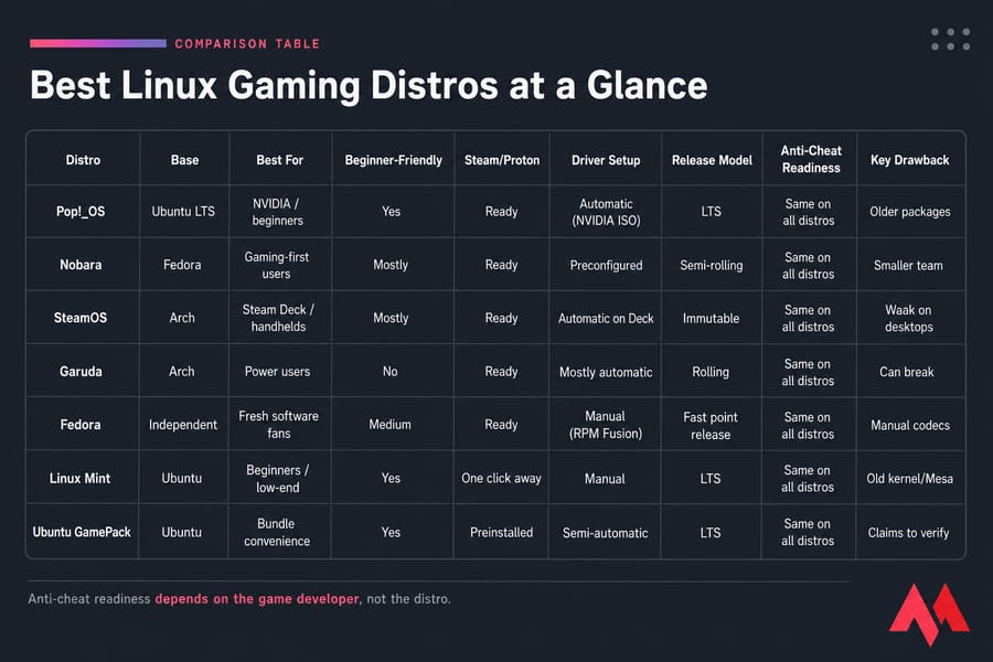 Comparison matrix of 7 Linux gaming distros with features, release models, and drawbacks