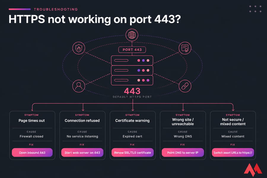 Flowchart infographic for fixing HTTPS on port 443 with firewall, DNS, cert, service, and mixed content checks