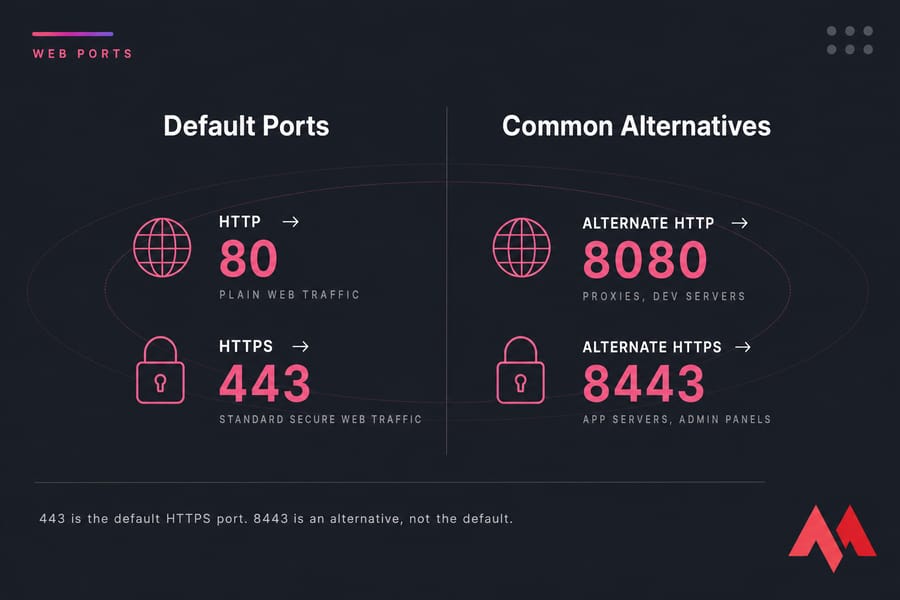 Infographic comparing HTTP 80, HTTPS 443, Alternate HTTP 8080, and Alternate HTTPS 8443