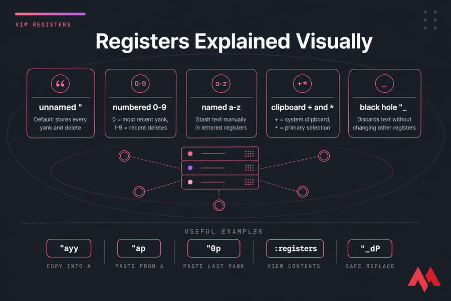 Infographic showing five Vim register types with labels, purposes, and example commands.