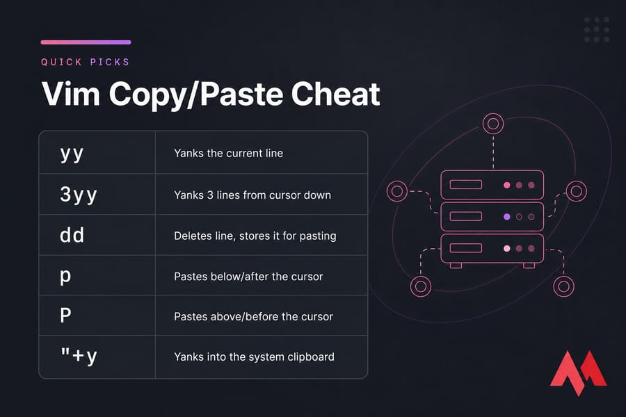 Quick Picks card titled Vim Copy/Paste Cheat listing key Vim copy, cut, and paste commands.