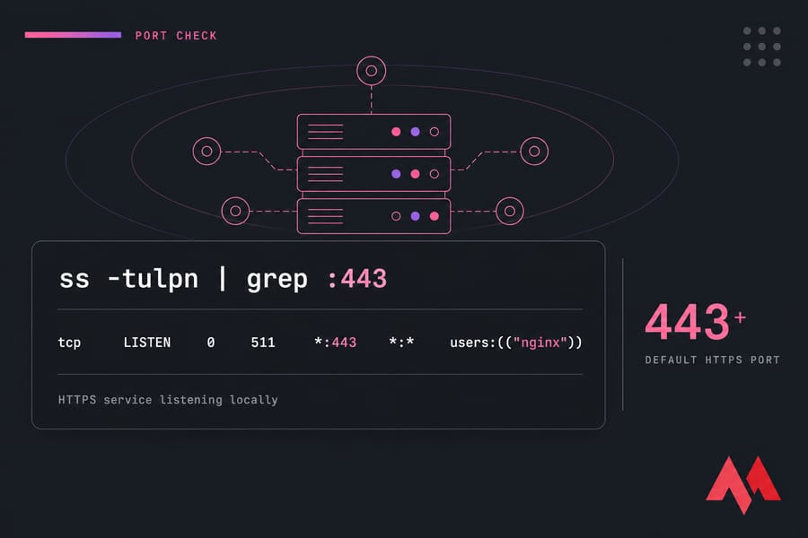 Stylised terminal illustration showing nginx listening on HTTPS port 443