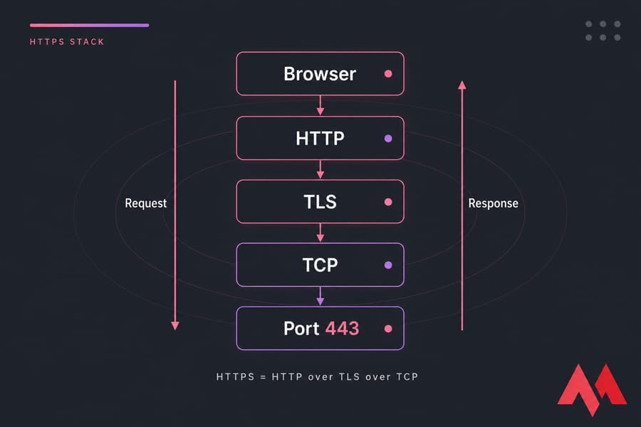 Vertical HTTPS protocol stack diagram showing Browser, HTTP, TLS, TCP, and Port 443 with request and response arrows.