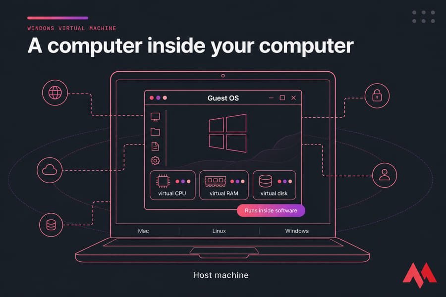 Conceptual laptop illustration showing a host machine with a nested Windows guest OS virtual machine