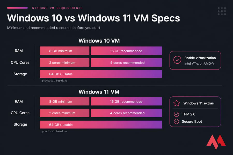 Horizontal chart comparing Windows 10 and Windows 11 VM RAM, CPU cores, and storage requirements.