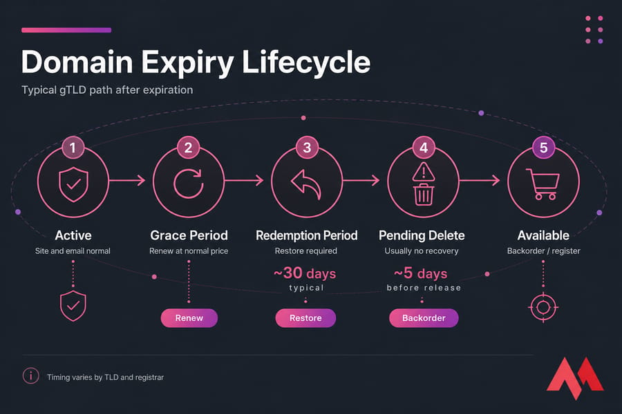 Horizontal domain expiry timeline from Active to Available with grace, redemption, and pending delete stages.
