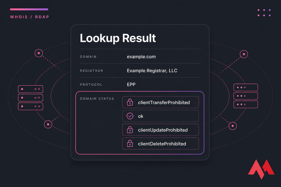 Stylised WHOIS lookup panel highlighting the Domain Status field with stacked status codes.