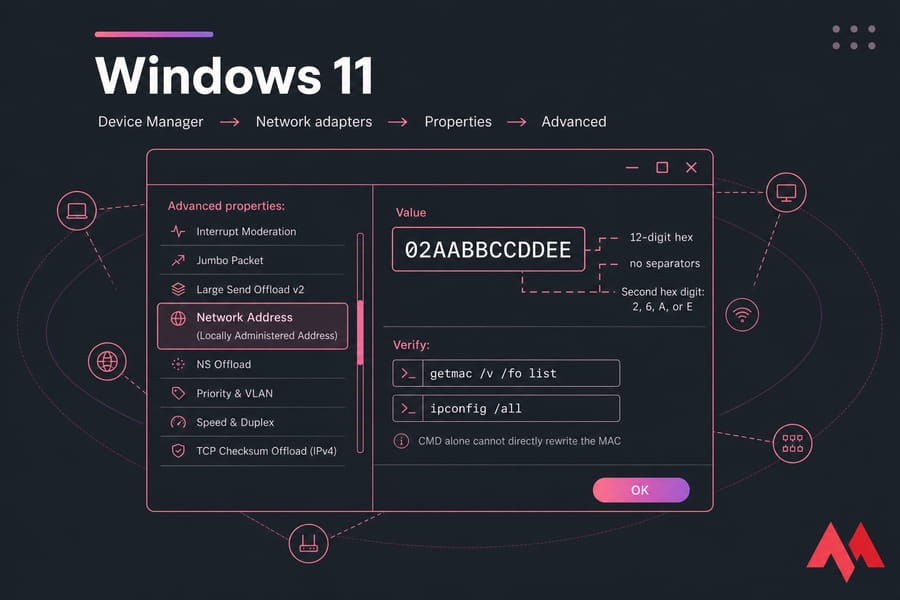 Stylised Windows 11 Device Manager illustration showing Network Address and custom MAC value entry