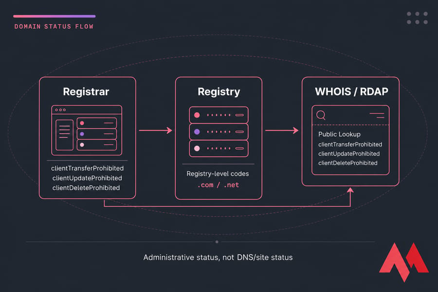 Three-box flow diagram showing Registrar and Registry status codes feeding into WHOIS/RDAP lookup.