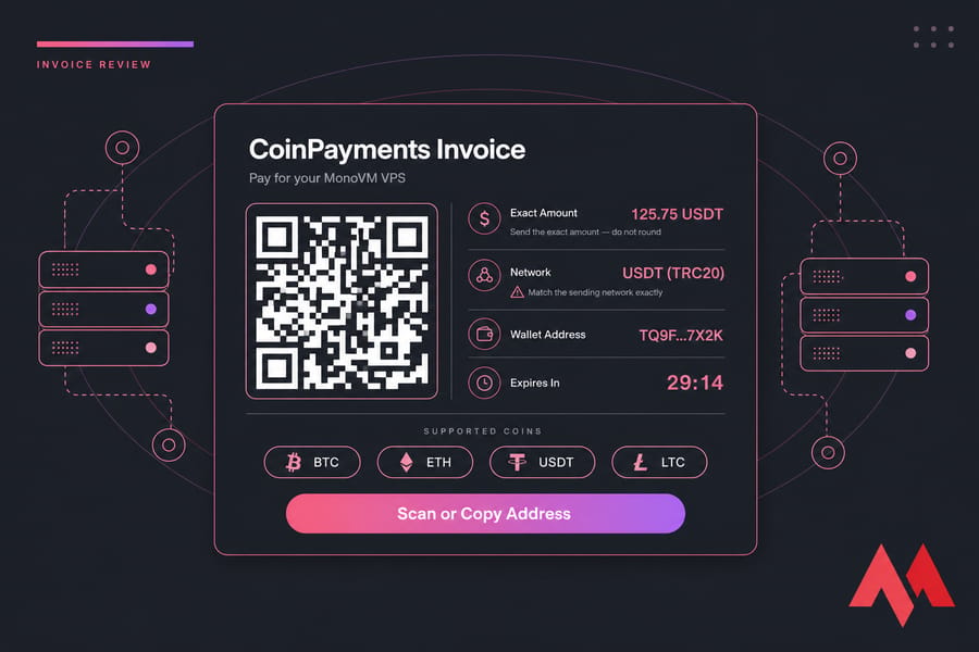 Stylised CoinPayments invoice with QR code, wallet address, exact USDT amount, TRC20 network, and countdown timer
