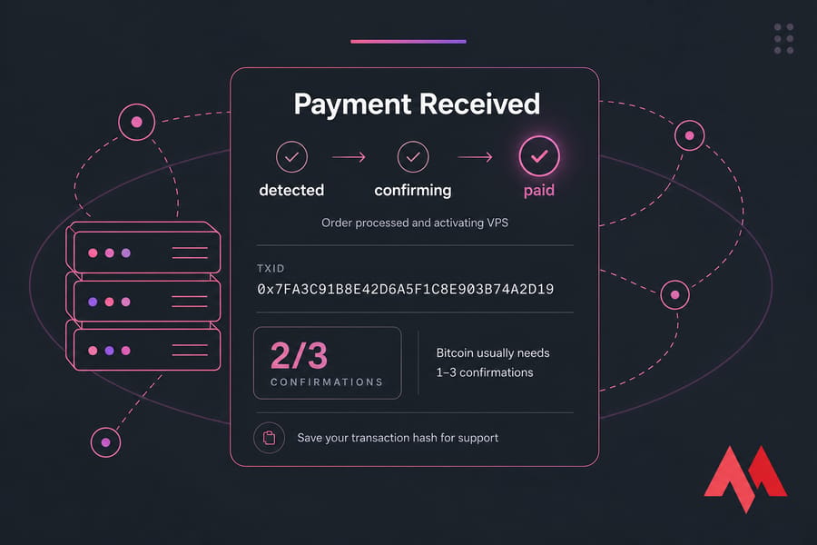 Stylised CoinPayments payment received screen with TXID and confirmation status for VPS checkout