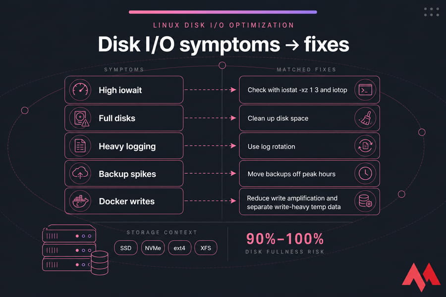 Comparison matrix of Linux disk I/O symptoms and matched fixes with commands and storage labels.