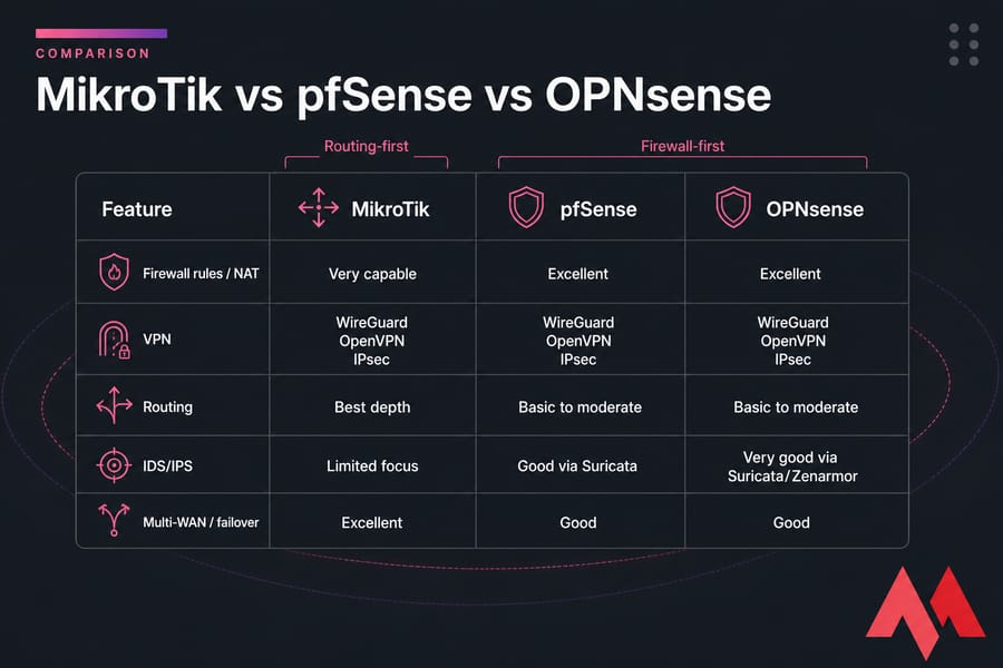 Comparison matrix of MikroTik, pfSense, and OPNsense across firewall, VPN, routing, IDS/IPS, and multi-WAN