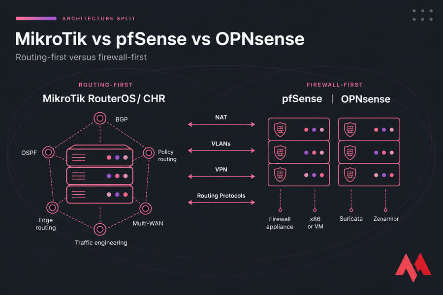 Diagram comparing MikroTik routing-first architecture with pfSense and OPNsense firewall-first design.