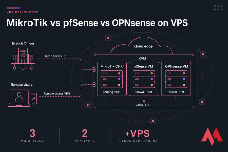 Diagram of branch offices and remote users connecting by VPN to MikroTik CHR, pfSense VM, and OPNsense VM on KVM.