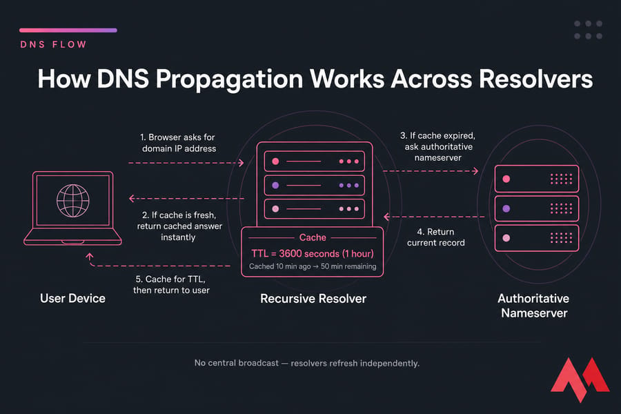 DNS flow diagram showing user device, recursive resolver cache, authoritative nameserver, and TTL timing.
