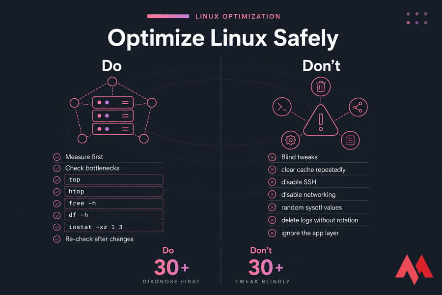 Do-and-don&rsquo;t Linux optimization card contrasting safe diagnostics with risky blind tweaks