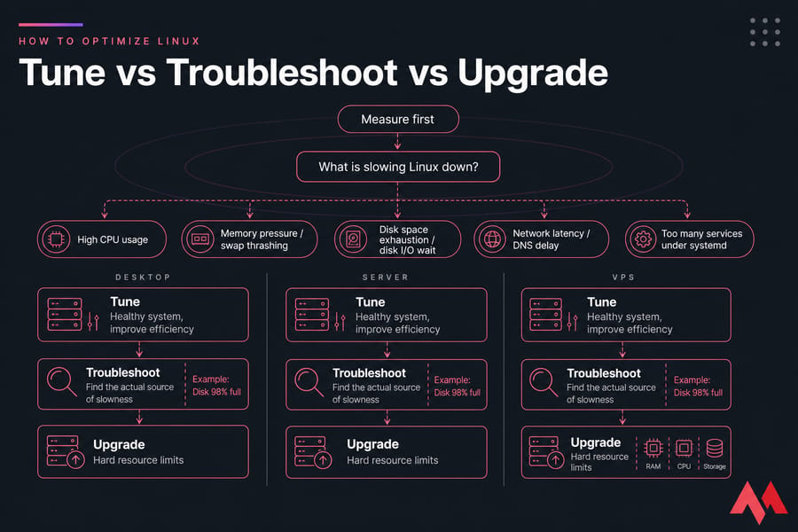 Flow infographic showing when to tune, troubleshoot, or upgrade Linux on desktop, server, and VPS.