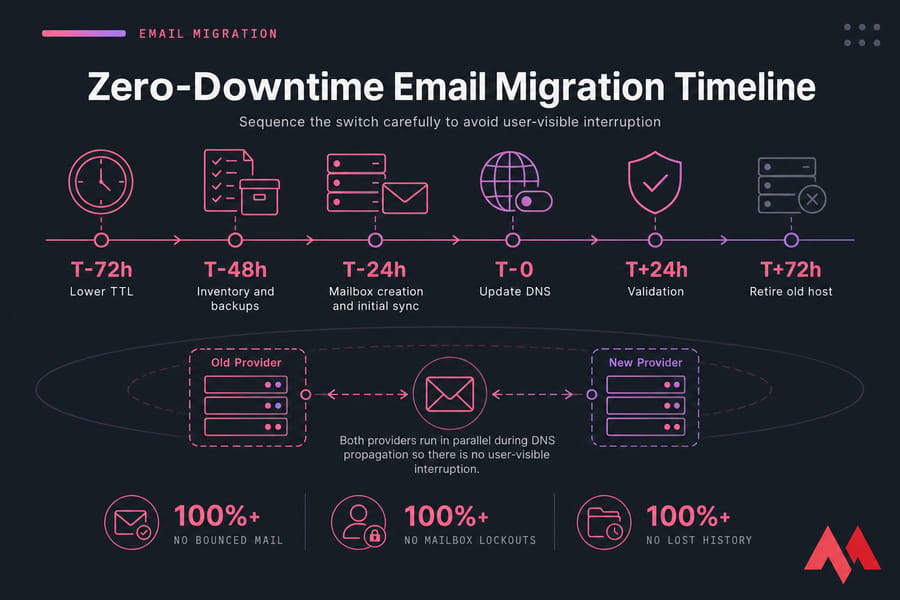Infographic timeline of zero-downtime email migration from T-72h TTL changes to T+72h old host retirement.