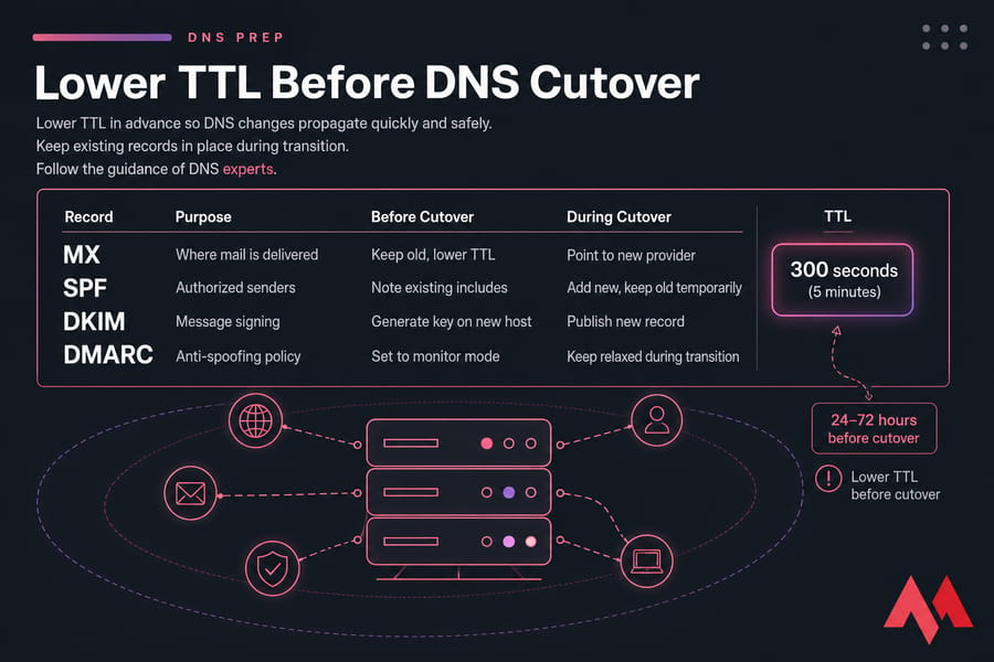 Stylised DNS panel showing MX, SPF, DKIM, DMARC records with TTL set to 300 seconds highlighted.