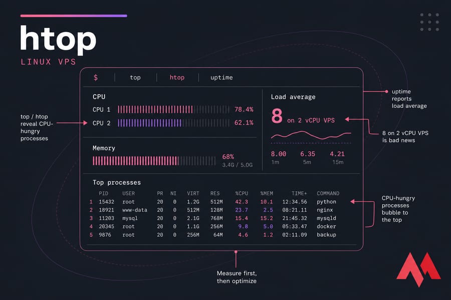 Stylised htop terminal illustration for a Linux VPS with CPU, memory, load average, and top processes.