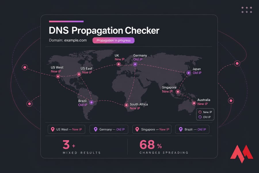 Stylized DNS propagation checker with world map showing mixed new-IP and old-IP results worldwide.