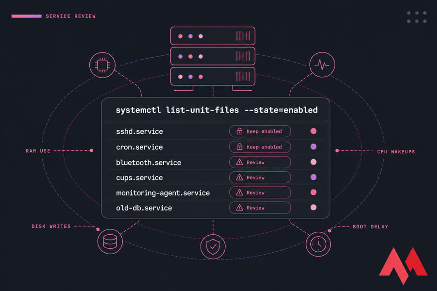 Stylized systemctl enabled services illustration with sshd and cron kept, others marked for review.