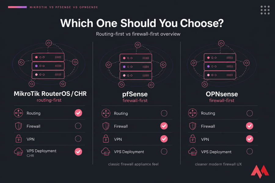 Three-column comparison of MikroTik RouterOS/CHR, pfSense, and OPNsense by routing, firewall, VPN, and VPS use.