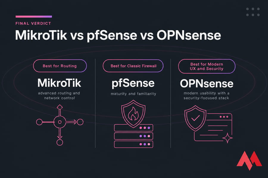 Three-column verdict card: MikroTik for routing, pfSense for classic firewall, OPNsense for modern UX and security.