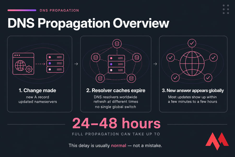 Three-step DNS propagation infographic showing change made, cache expiry, and global update timing.