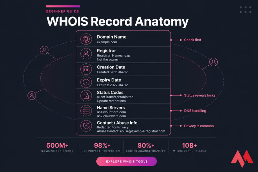 Vertical infographic showing the anatomy of a WHOIS record with labeled fields and privacy notes.