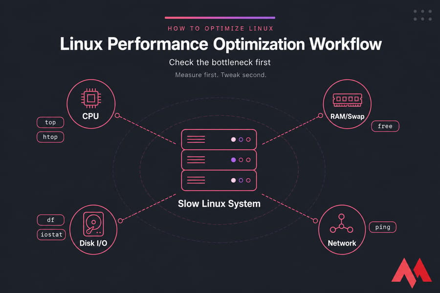 Workflow diagram showing Slow Linux System branching to CPU, RAM/Swap, Disk I/O, and Network with commands.