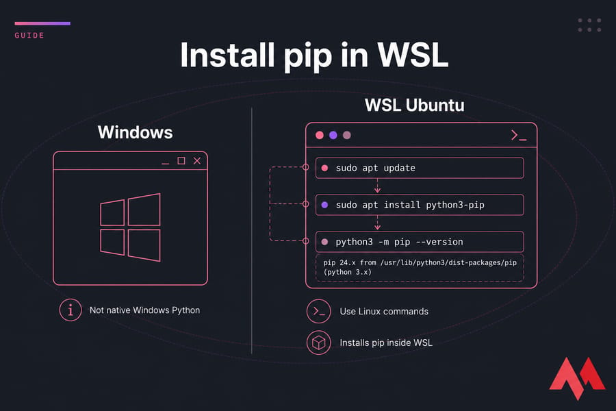 Conceptual MonoVM-style graphic showing WSL Ubuntu pip install and version check separate from Windows.
