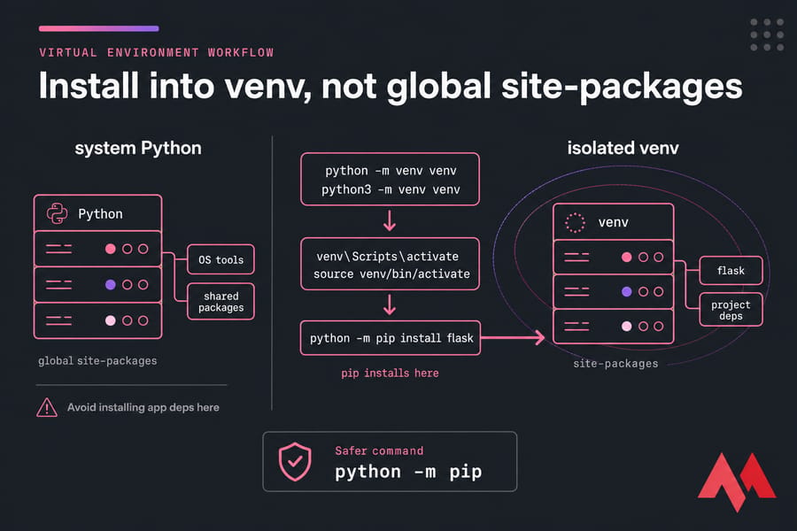 Diagram showing system Python vs isolated venv, with pip installing flask into the virtual environment.
