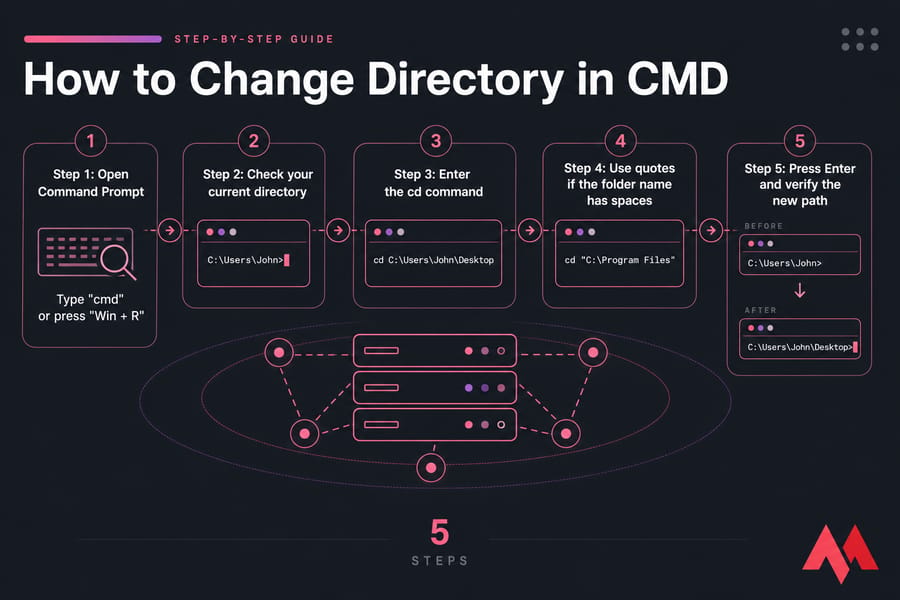 Five-step CMD infographic showing how to change directories with cd and quoted paths