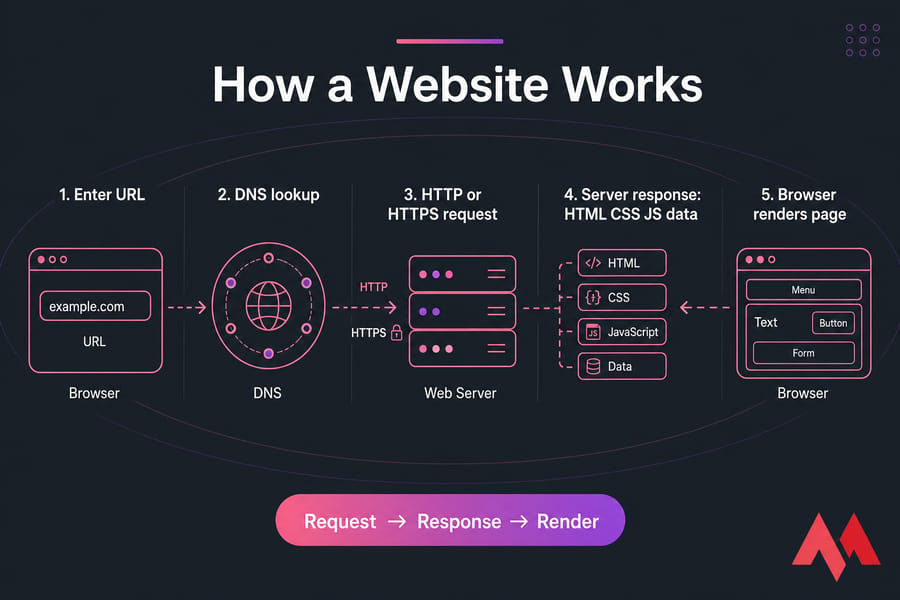 Five-step diagram showing browser, DNS, web server request, server response, and browser rendering.