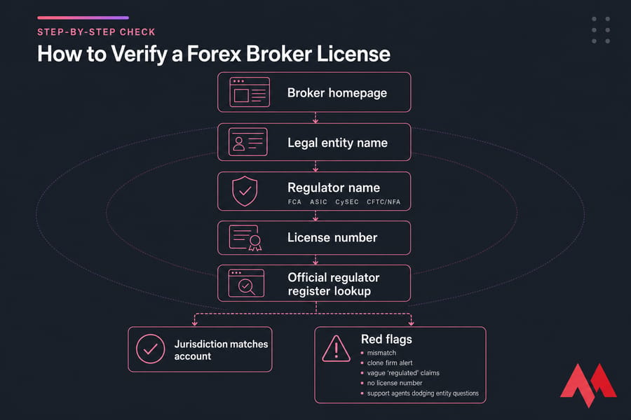 Flowchart infographic showing how to verify a forex broker license and spot red flags.